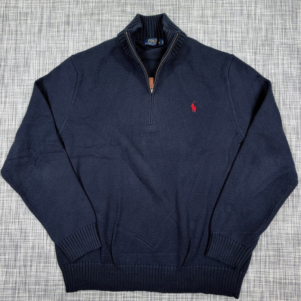 Polo Ralph Lauren Mens XL Navy Cotton Quarter Zip Kangaroo Pocket Knit Sweater